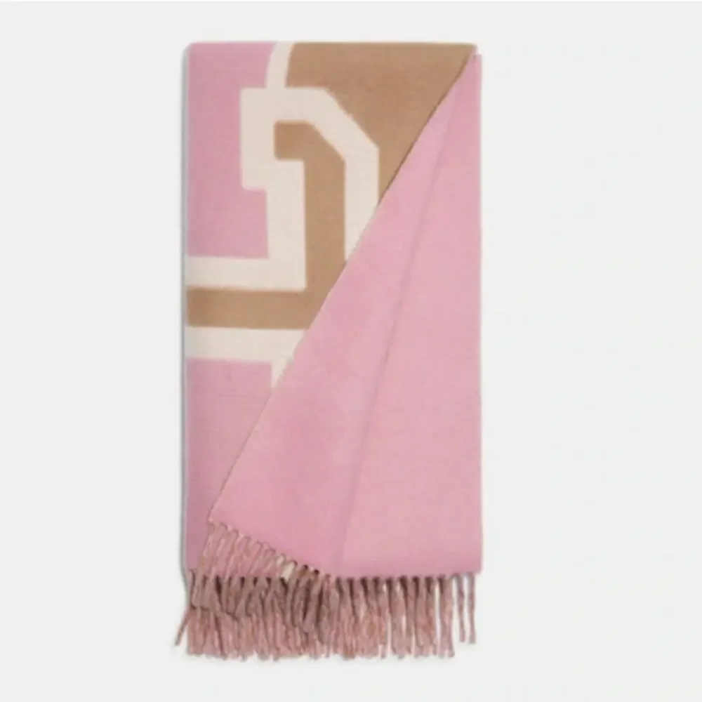 Coach Reversible Colorblock Varsity Print Oversized Muffler Scarf Pink Tan